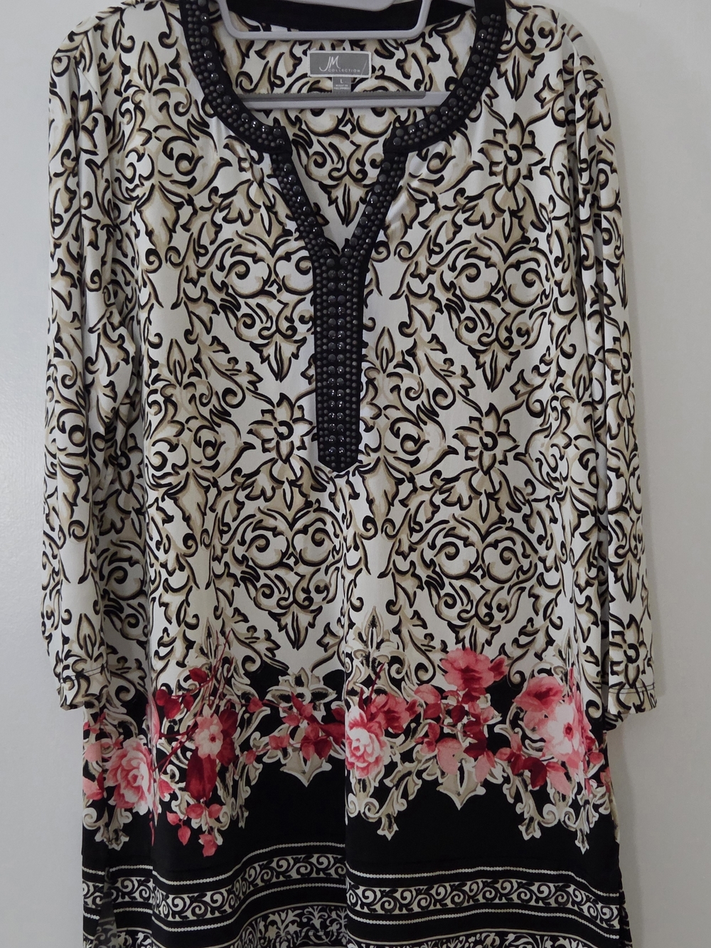 JM Collection Cream Tunic with Black Scroll Print and Pink Floral Hem
